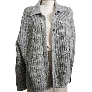 Vtg Eddie Bauer Wool Cardigan Sweater Made in UK Chunky Knit Women's Lg Grey